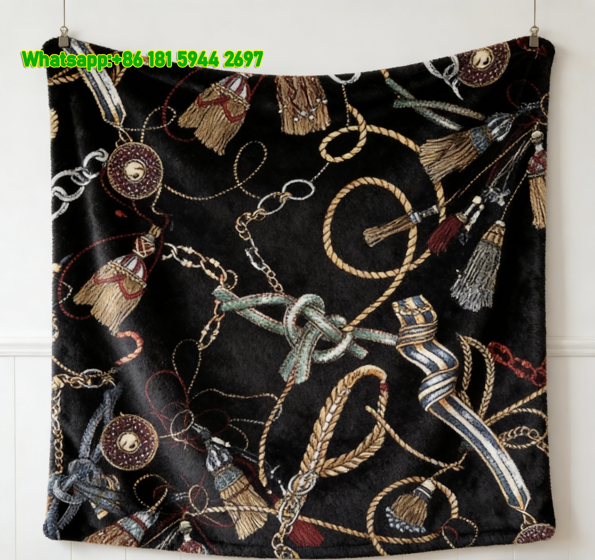 Hermès Vintage Black & Gold Chain Tassel Flannel Throw Blanket IMG_5257